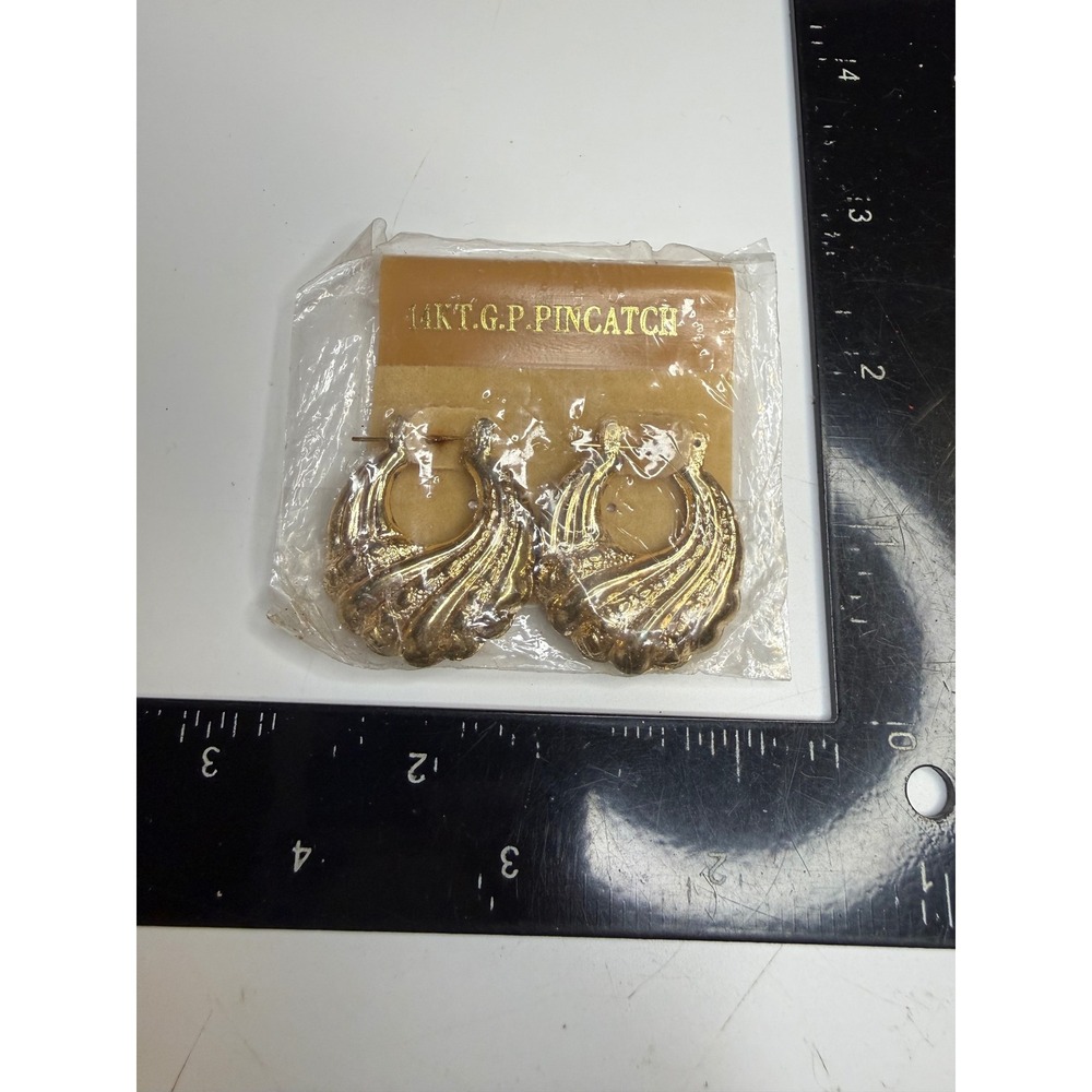 Gold Plated Scalloped Hoop Earrings Pincatch Textured Statement Made in Korea